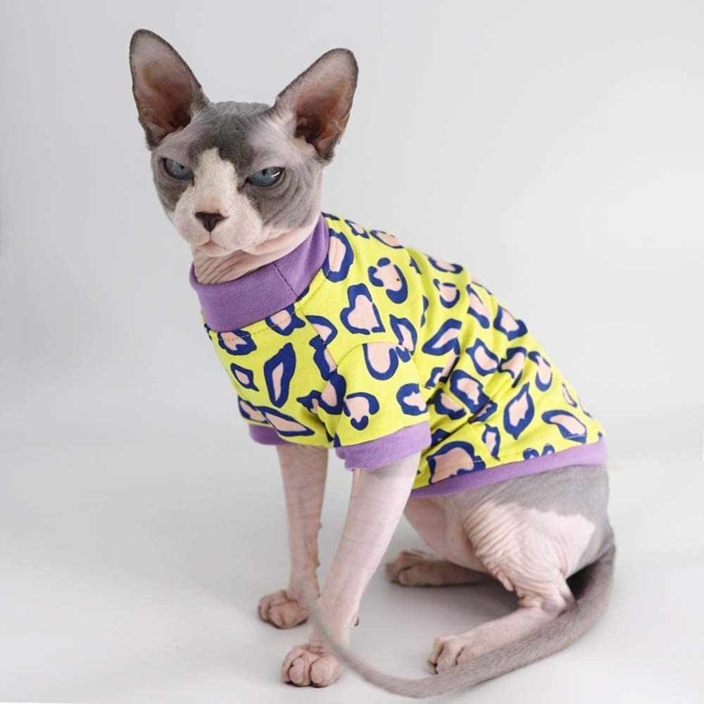 Sphynx Hairless Cat Cute Summer Cotton T-Shirts Pet Clothes,Round Collar Kitten Shirts Cats Apparel (Leopard, Medium (Pack Of 1)
